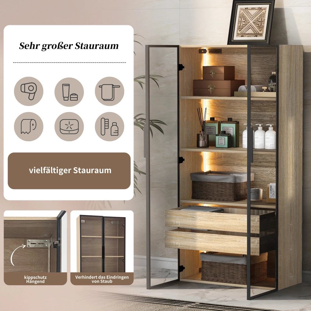 Set di 2 armadi in MDF con LED e vetro satinato naturale