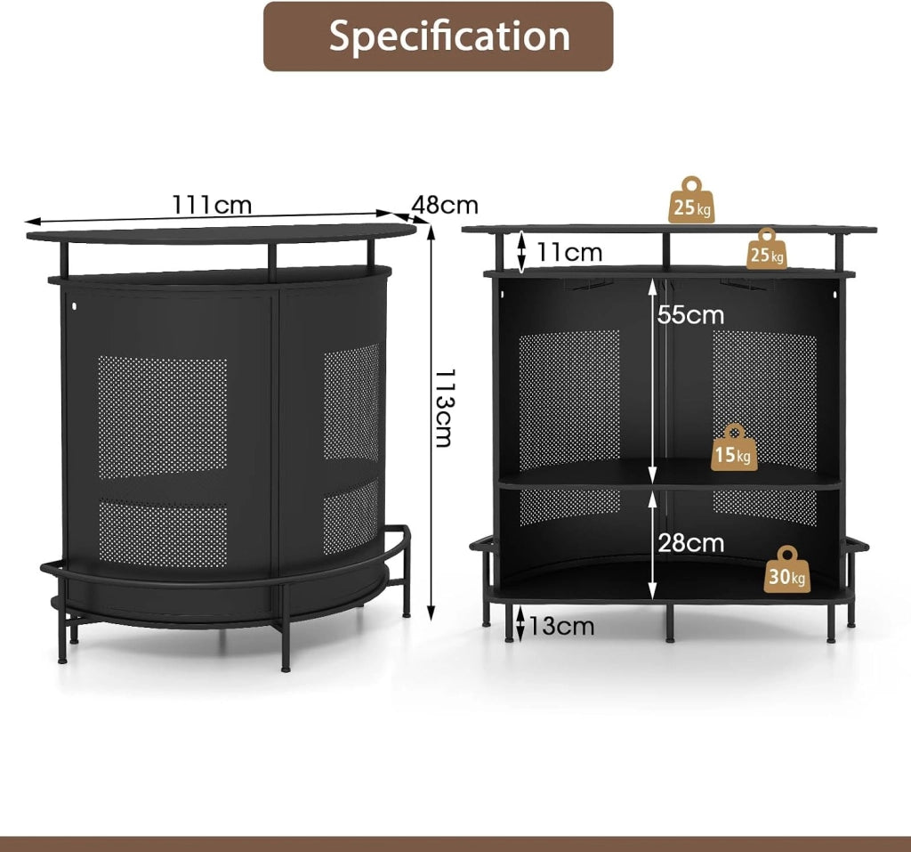 Tavolo da bar con 1 ripiano rialzato e 3 portabicchieri, tavolo da vino a 4 livelli, tavolo per bere, cucina, poggiapiedi in stile industriale, nero, 110,5 x 48 x 112,5 cm (semi-circolare)