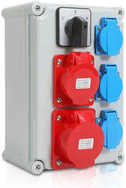 Distributore di corrente per installazione a parete con commutatore a L-0-P e MCB, pannello di distribuzione per cantiere con 3x prese Schuko e prese CEE 16/32A