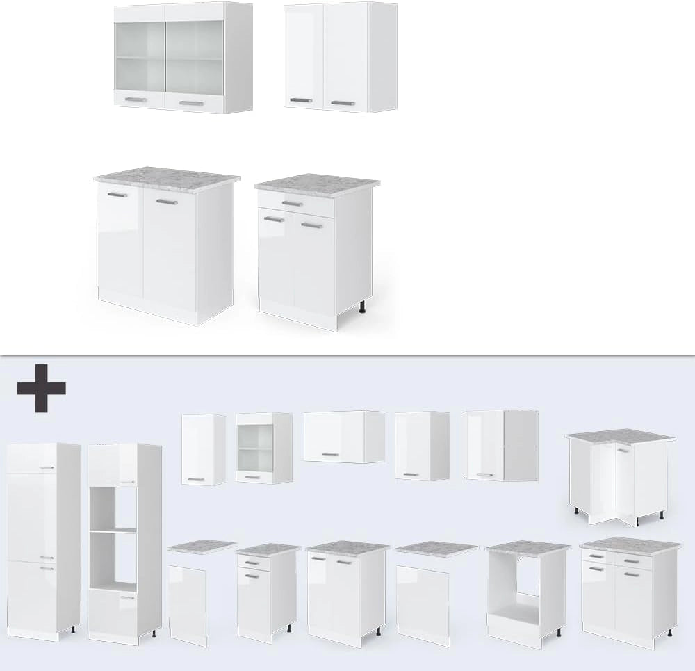Cucina monoblocco R-Line, Bianco lucido, 140 cm, PL Rovere, adatto a spazi piccoli, espandibile in modo modulare