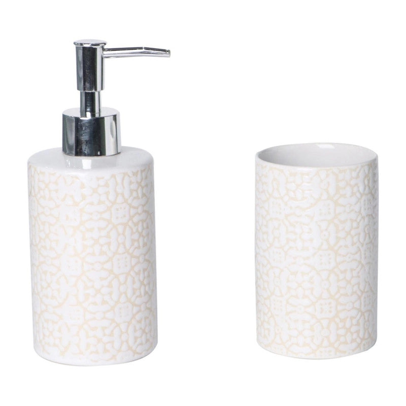 Set 2 Pezzi Maiolica In Ceramica Amica Beige 1 Dosasapone E 1 Portaspazzolino