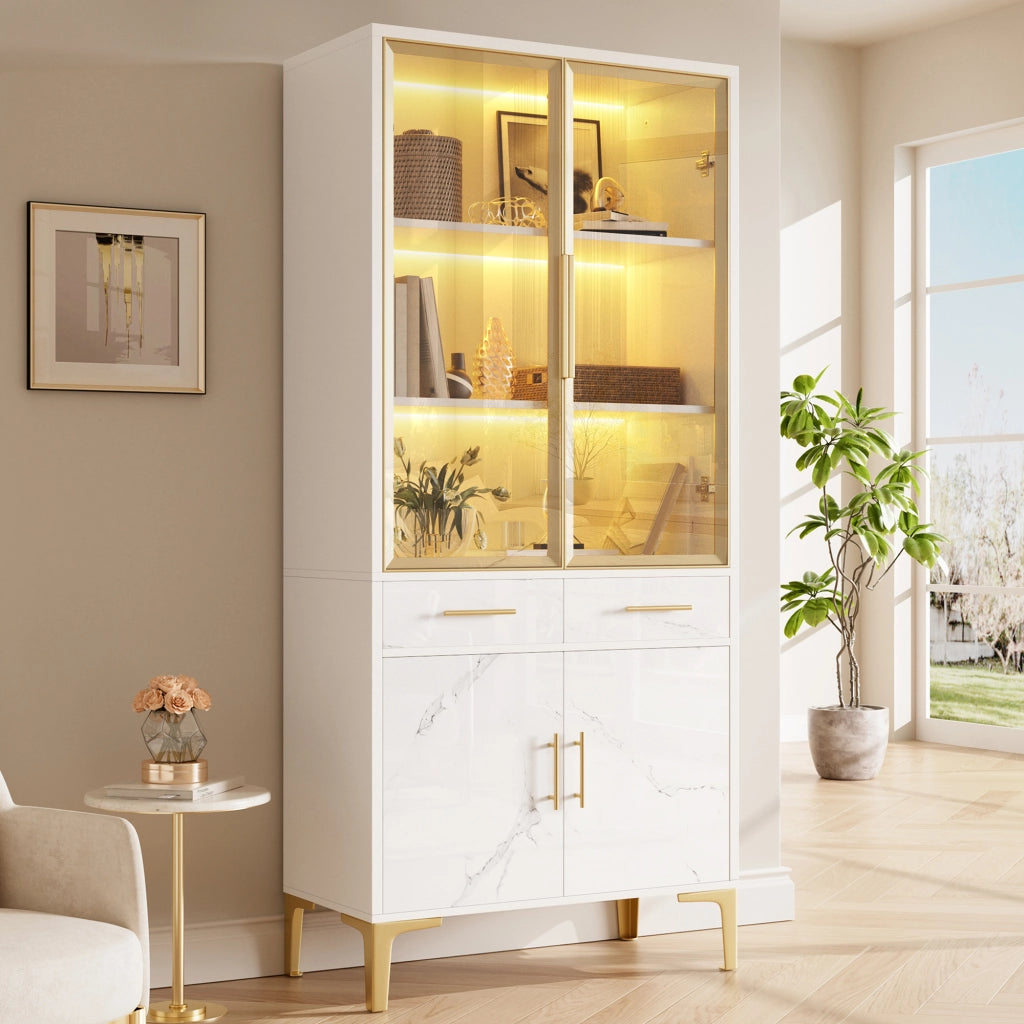 Vetrina con 2 ante in vetro, LED APP, 2 cassetti e ripiani, per soggiorno e sala da pranzo, bianco, 75 × 38 × 170 cm