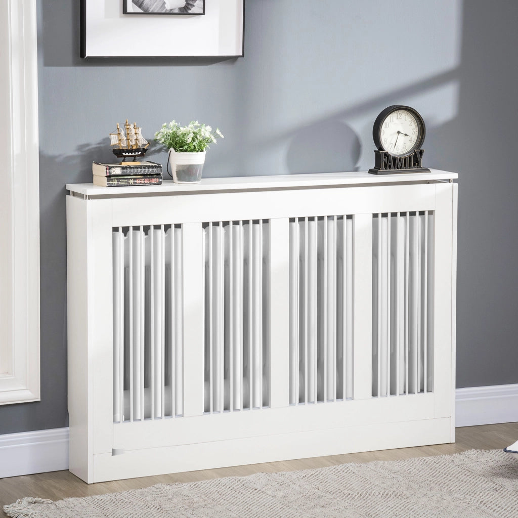 Copritermosifone a Doghe Moderno ed Elegante per la Casa, in MDF e Acciaio, 120x18x84cm, Bianco