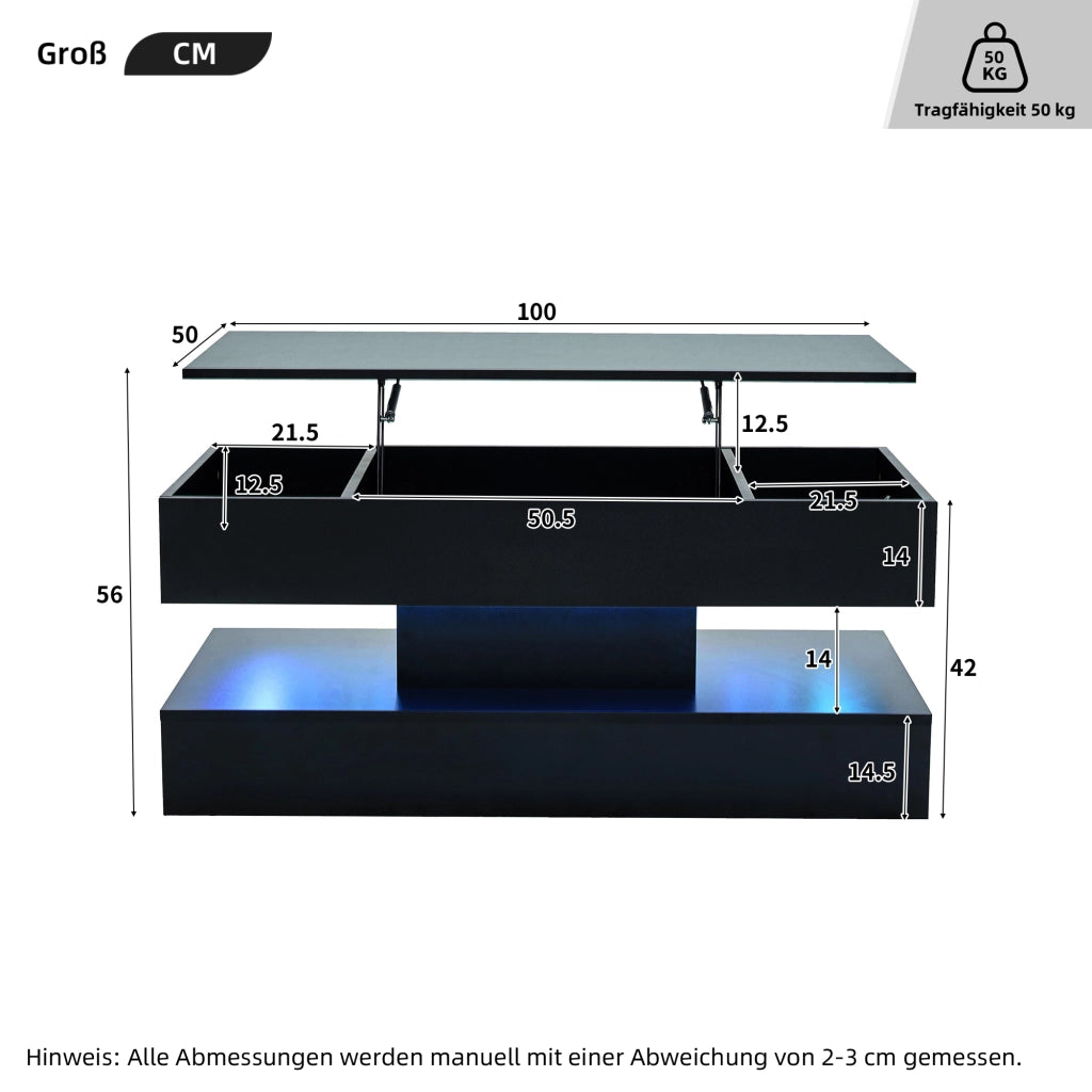Tavolino da caffè sollevabile con LED, vano nascosto e prese EU, 100 x 50 x 42 cm, nero