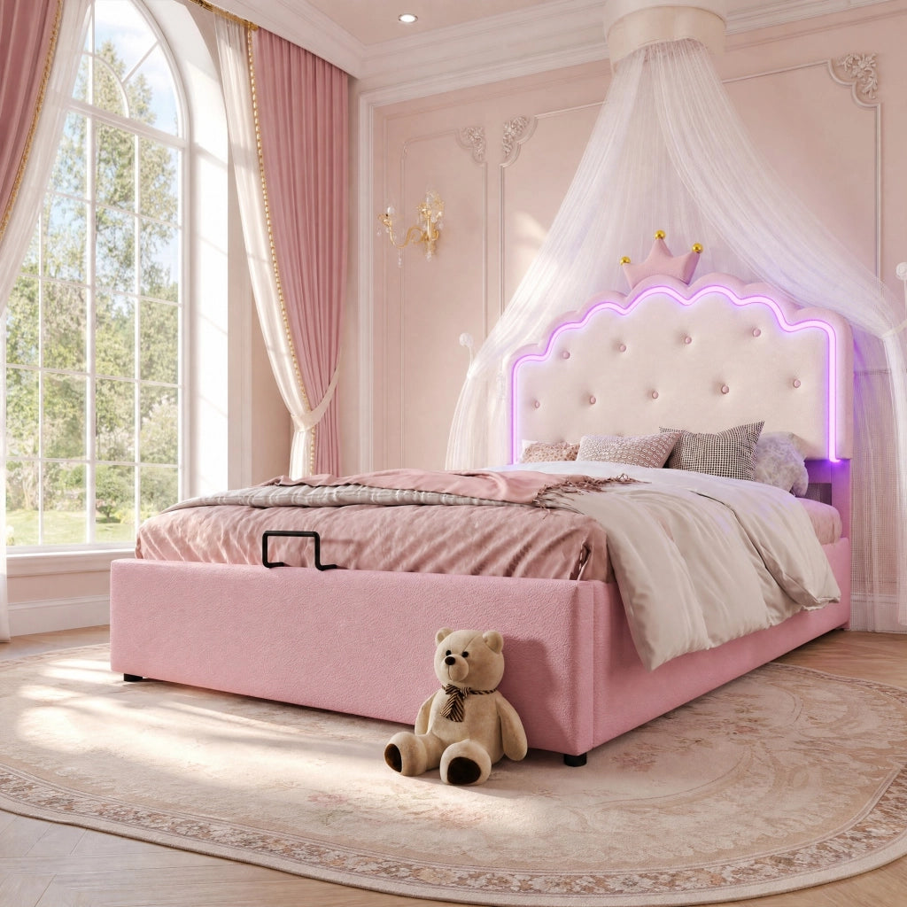 LETTO Imbottito 140x200 cm in PU Rosa con illuminazione LED e contenitore idraulico