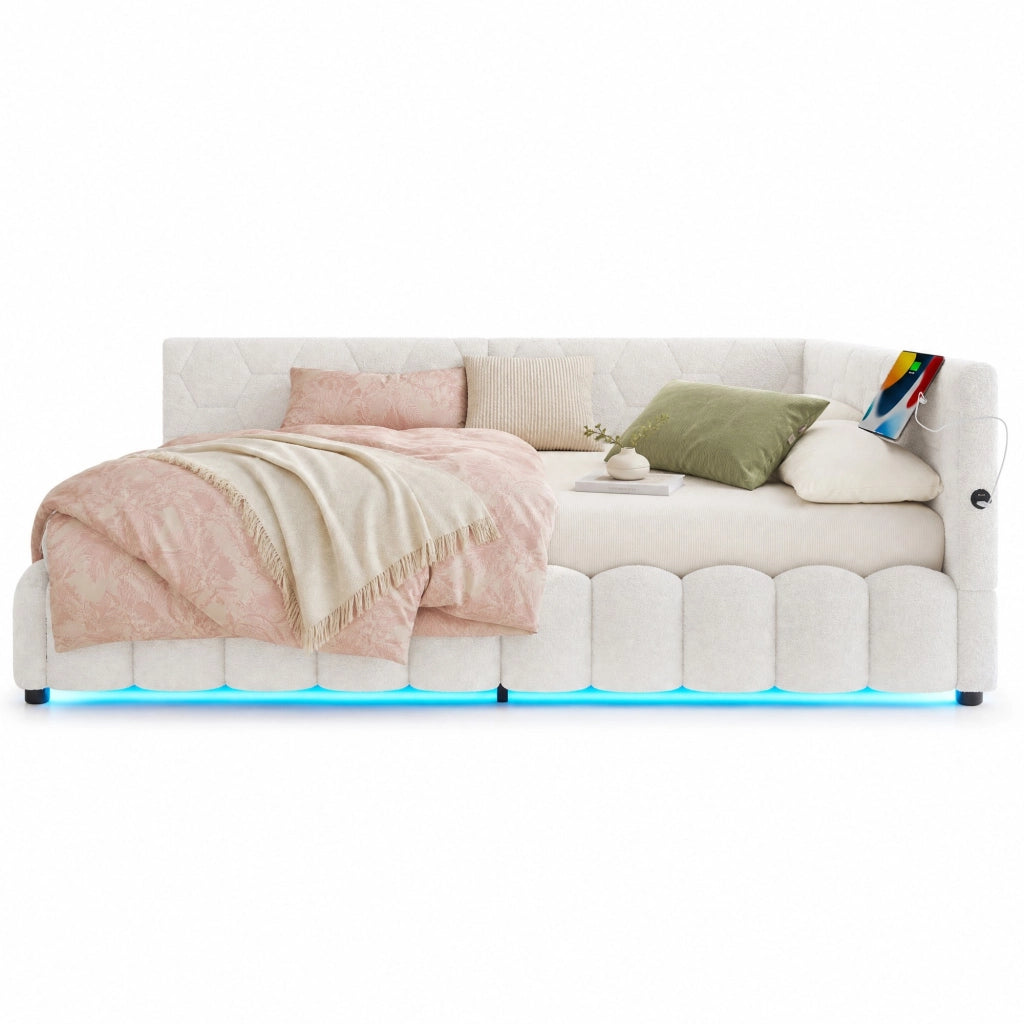 Letto daybed 140x200 cm con contenitore; LED; USB e Type-C; bianco