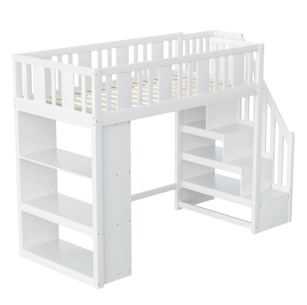 Letto a soppalco 90x200 cm con scala contenitore e 3 vani laterali bianco