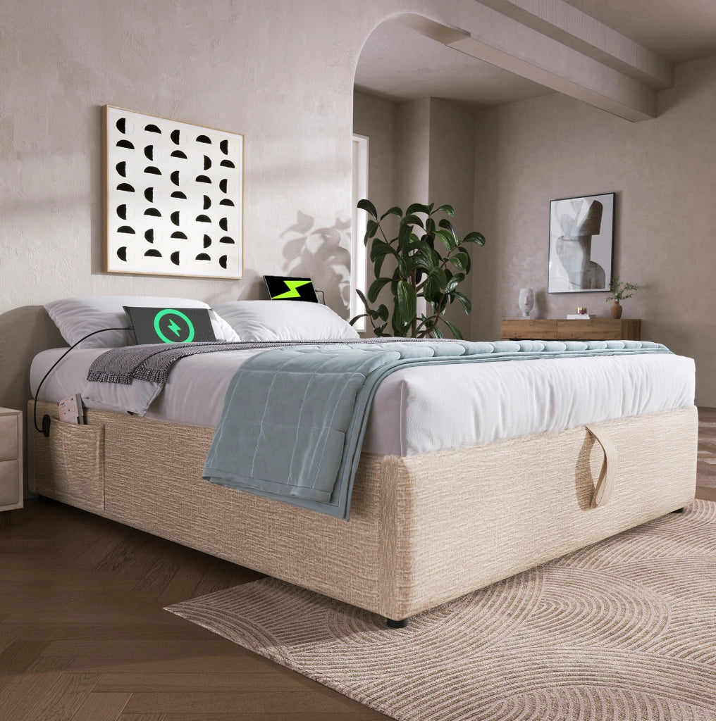 Letto contenitore 140×200 cm in lino naturale con USB/Type-C e rete a pannello