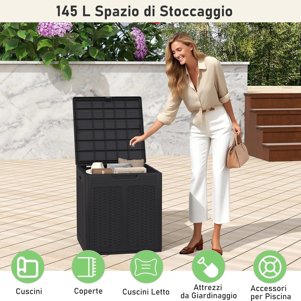 Baule da Esterno 145 L, Cassapanca Contenitore Impermeabile con Effetto Rattan, Coperchio Bloccabile e Maniglie, per Giardino, Patio e Piscina, 56 x 56 x 60,5 cm (Nero)
