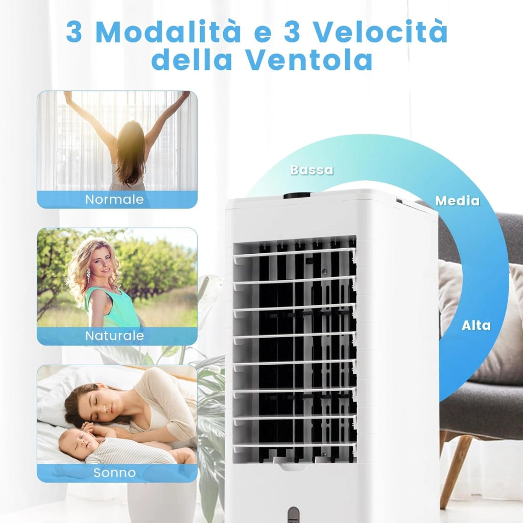 Condizionatore Portatile 3 in 1, Condizionatore d'aria Evaporativo portatile con Raffreddamento, Ventola e Umidificazione, 3 Velocità del Vento, 12H Timer, Doppio Serbatoio d'acqua(Bianco)