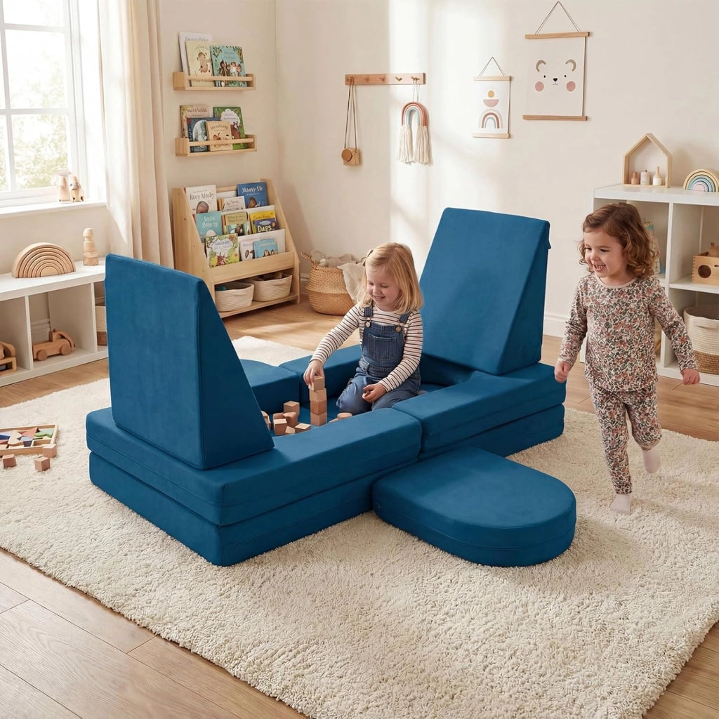 Divano da Gioco per Bambini Trasformabile, Poltrona Modulare a 10 Pezzi, Tessuto Suede e Schiuma ad Alta Elasticità, Divanetto per Bambini 3+ Anni, per Camerette, Soggiorno e Studio (Blu)