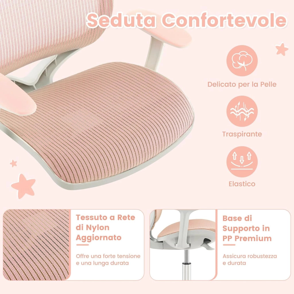 Sedia da Scrivania Girevole per Bambini (Rosa, Rullo di Pressione) | con Altezza Regolabile, 5 Ruote, Braccioli Morbidi, Mobile Ergonomica per Bambini 6-15 Anni