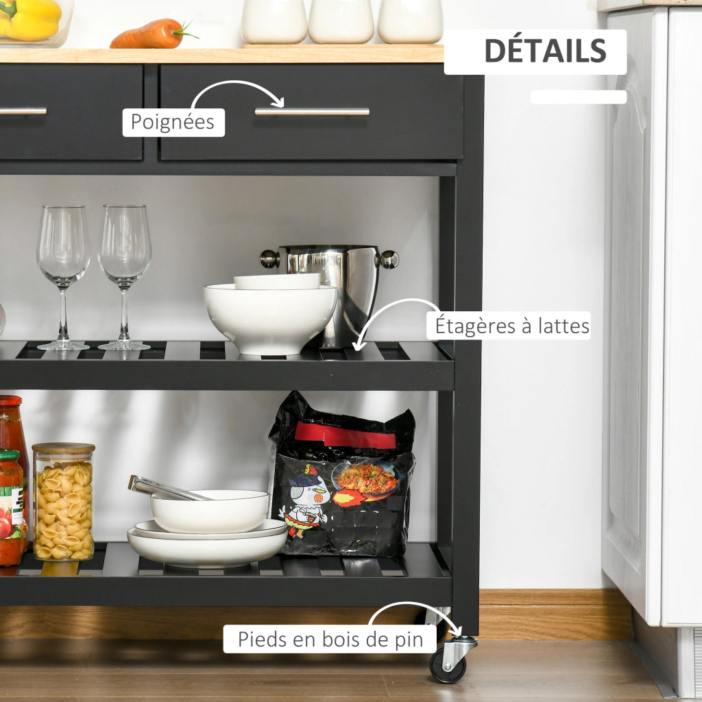 Carrello da cucina con ruote ¨C zephmum ¨C 2 ripiani, 2 cassetti, nero, legno naturale