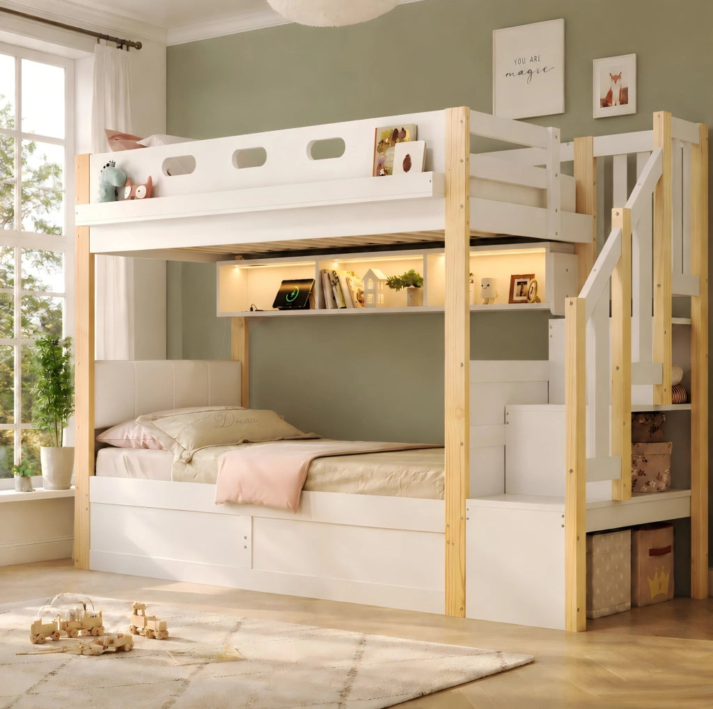 Letto a castello 90x200 cm con contenitore idraulico, LED, USB in pino e MDF bianco