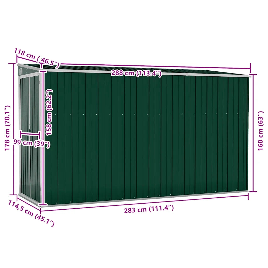 Capanno Giardino a Parete Verde 118x288x178 cm Acciaio Zincato 316225
