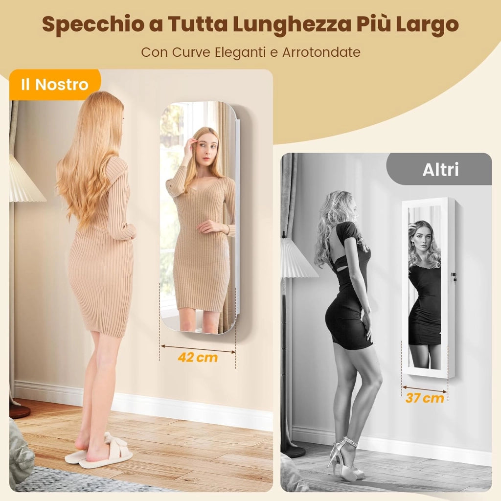 Specchio Portagioie da Parete, con 6 Luci LED, Armadietto per Gioielli a Muro, Ganci e Scomparto, Portagioie Donna Salvaspazio con Serratura per Camera da Letto