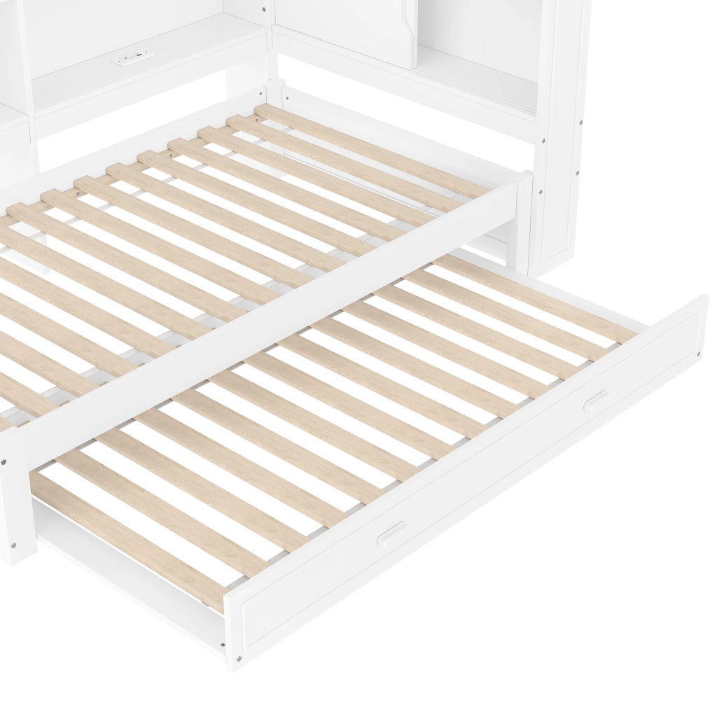 OKWISH Letto a Divano 90×200 cm, Letto Singolo con Letto Estraibile, LED Regolabile, Presa, USB e Tipo C, senza Materasso, Bianco