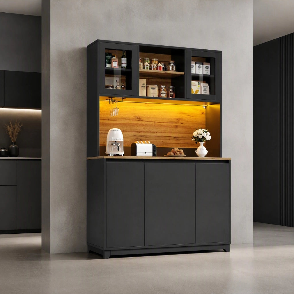 CREDENZA da Cucina 120x40x180 cm con LED e Ante in Acrilico Nera MDF Metallo
