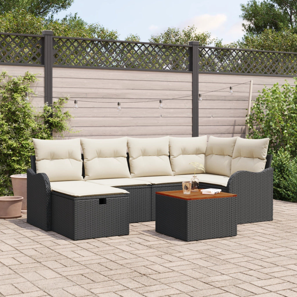 Set di divani da giardino a 7 pezzi con cuscini neri in polyrattan