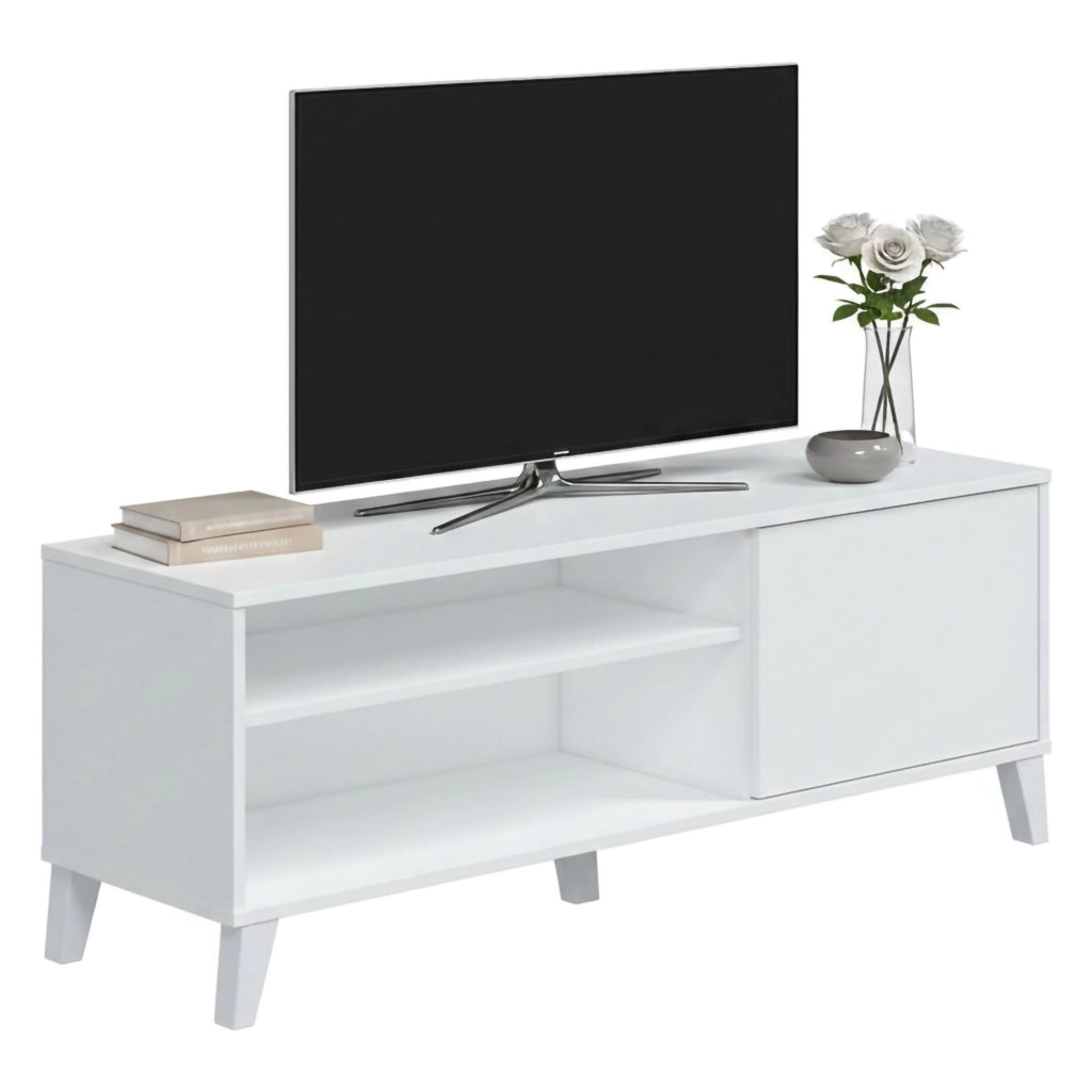 Mobile porta TV Viring, Credenza da soggiorno, Armadio basso per TV, Base parete attrezzata, 135x40 h50 cm, Bianco