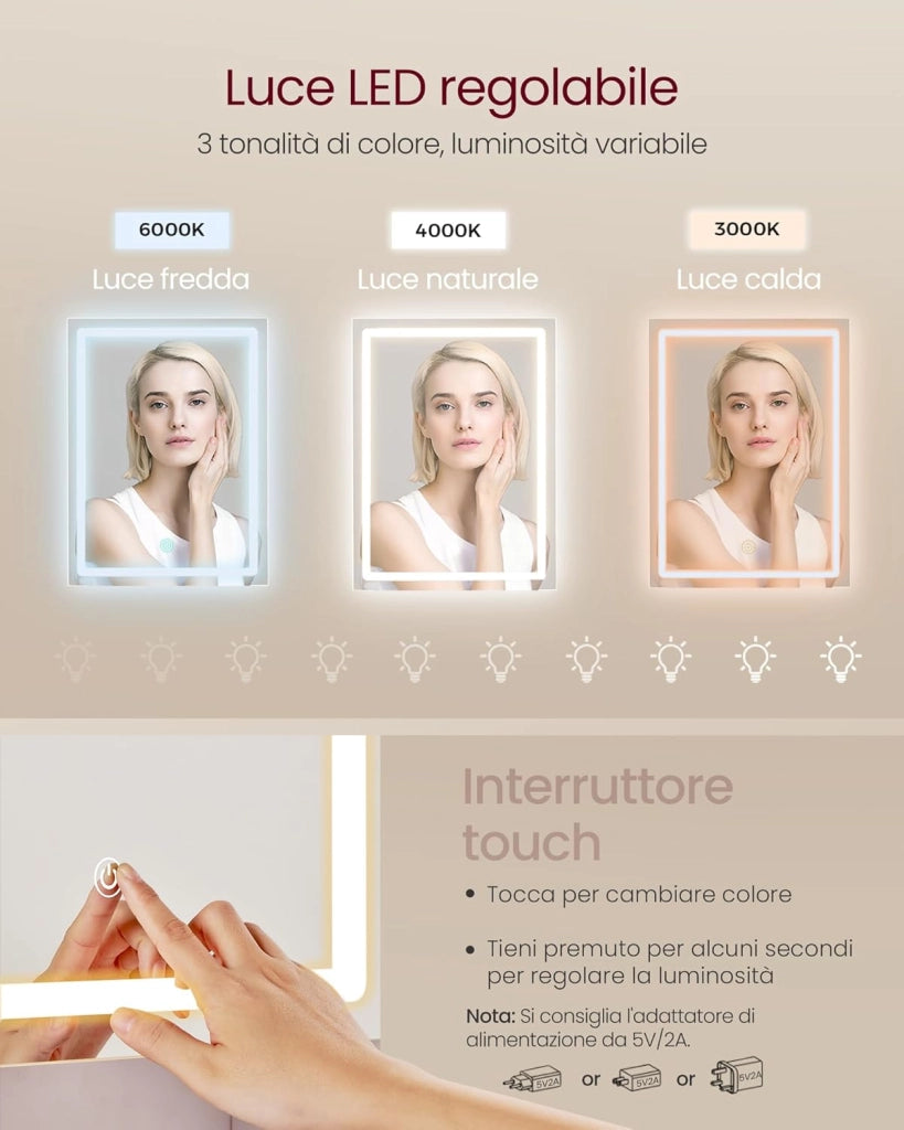 VASAGLE KAILYN Collezione - Toeletta con Luci LED 3 Colorazioni con LuminositàRegolabile, Tavolo da Trucco con Specchio, Ripiani Regolabili, 2 Cassetti, Postazione Trucco, Bianco RDT123T14