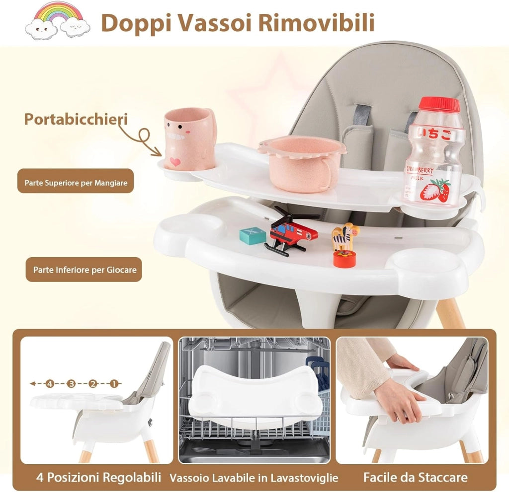 6-in-1 Seggiolone per Neonati, Seggiolone Prima Pappa, Tavolo e Sedia Convertibile per Bambini, Imbracatura di Sicurezza, Vassoio Rimovibile, per Bambini 6-36 Mesi (Grigio+Bianco)