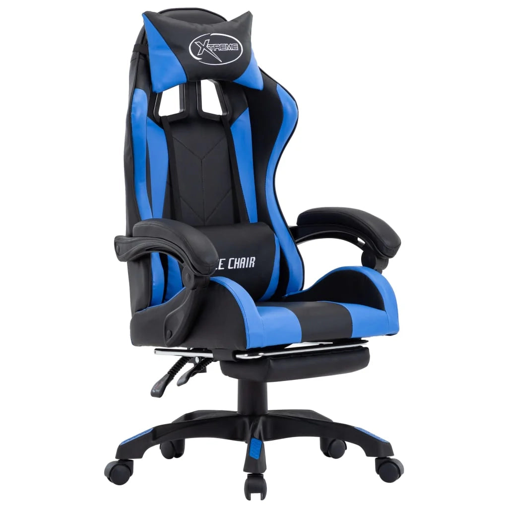 Poltrona sedia girevole per ufficio computer studio videogiochi con poggiapiedi e similpelle blu 02_0024217