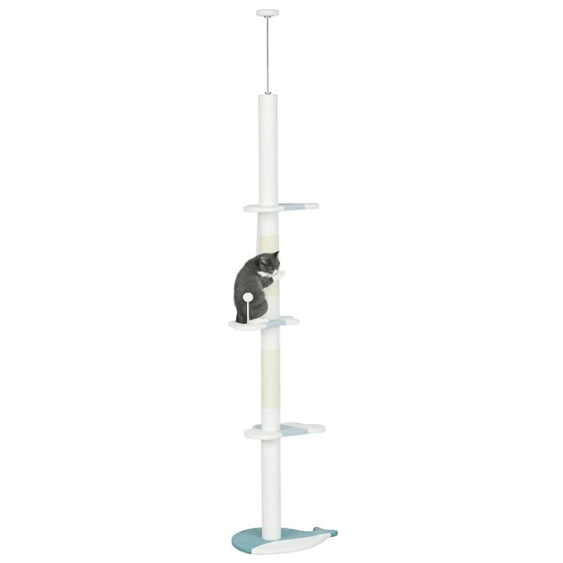 ALBERO TIRAGRAFFI PER GATTI A SOFFITTO CON PALO REGOLABILE DA 225-255 CM, PALLINA E PIATTAFORME, BIANCO