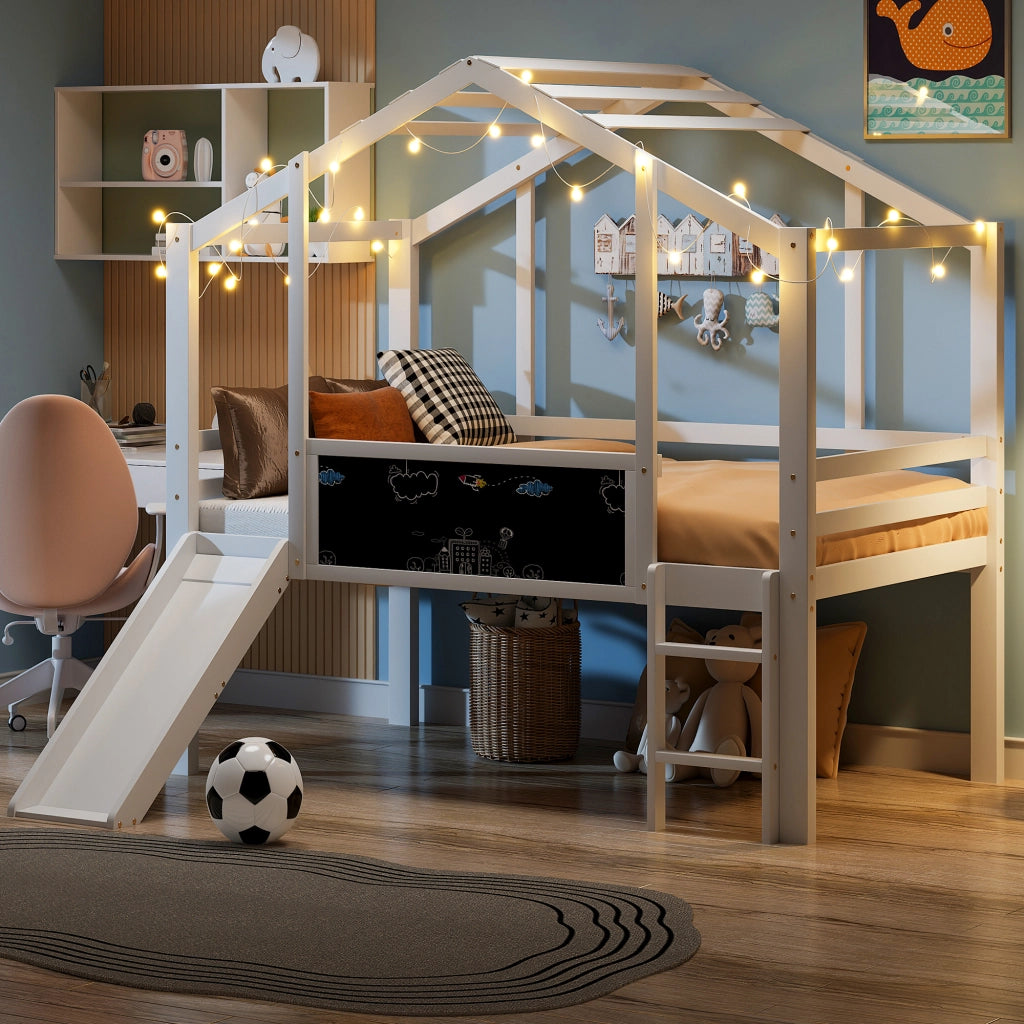 OKWISH Letto a Soppalco Bambini 90×200 cm, Letto Singolo con Scala di Sicurezza, Scivolo e Lavagna, senza Materasso, in Legno Massello, Bianco