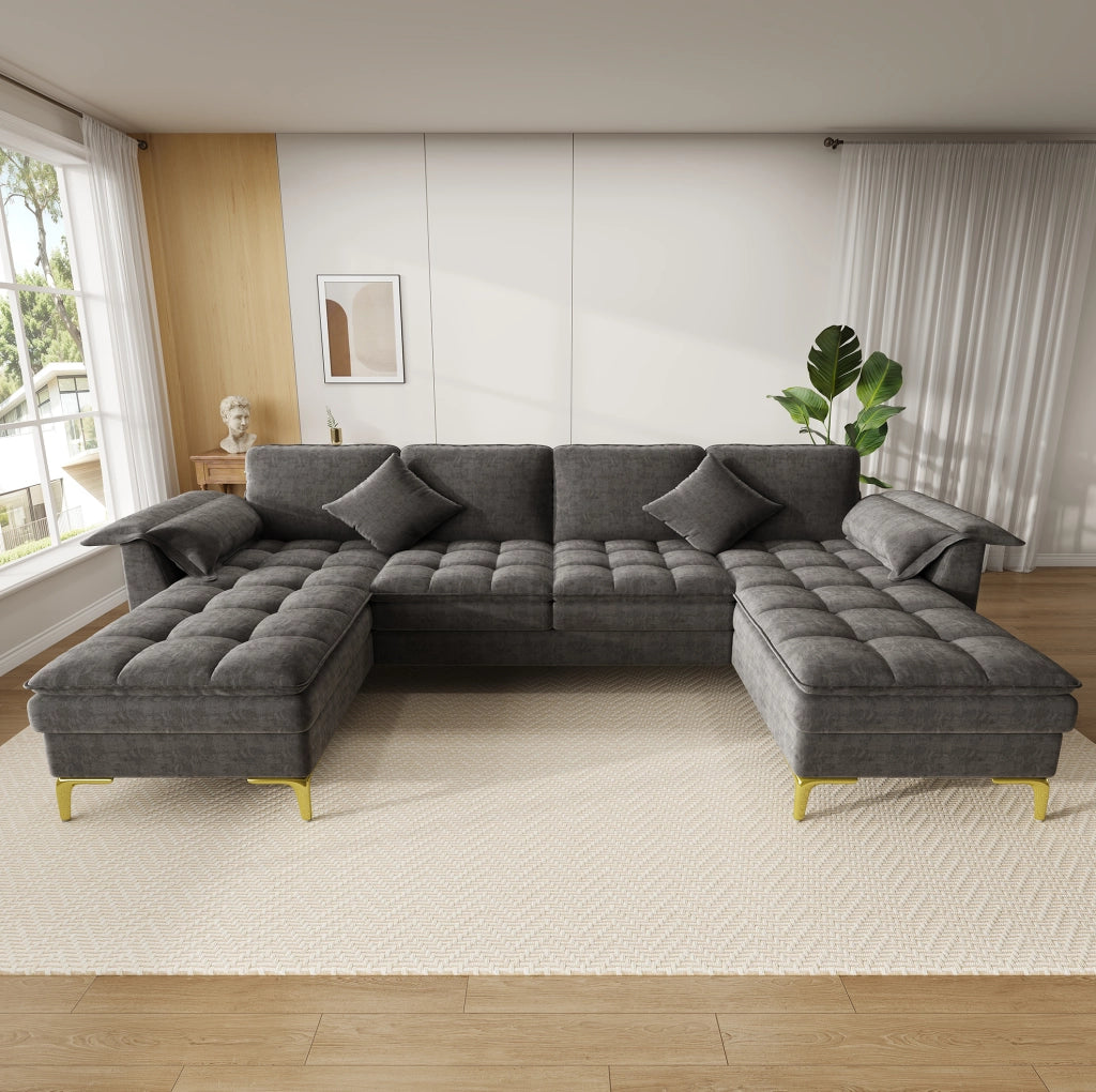 Divano angolare a U modulare 4-5 posti con 2 chaise longue; chenille grigio