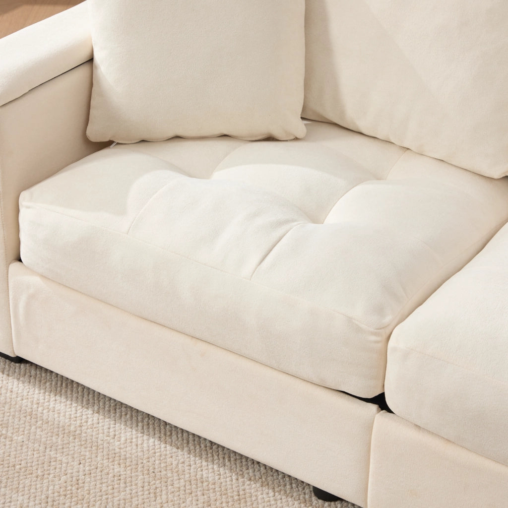Divano a 2 posti con vano portaoggetti nei braccioli e tasche laterali in ciniglia beige con cuscini per piccoli ambienti