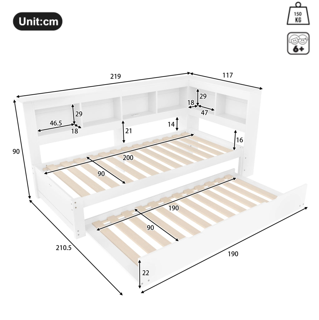 Letto singolo estraibile 90x200 cm bianco con USB