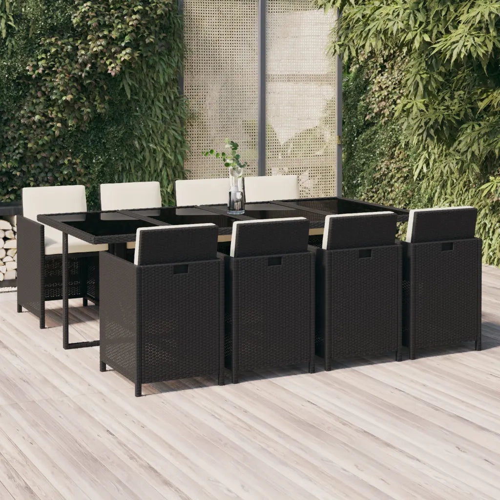 Set da Pranzo da Giardino 9 pz con Cuscini Nero in Polyrattan 3095557