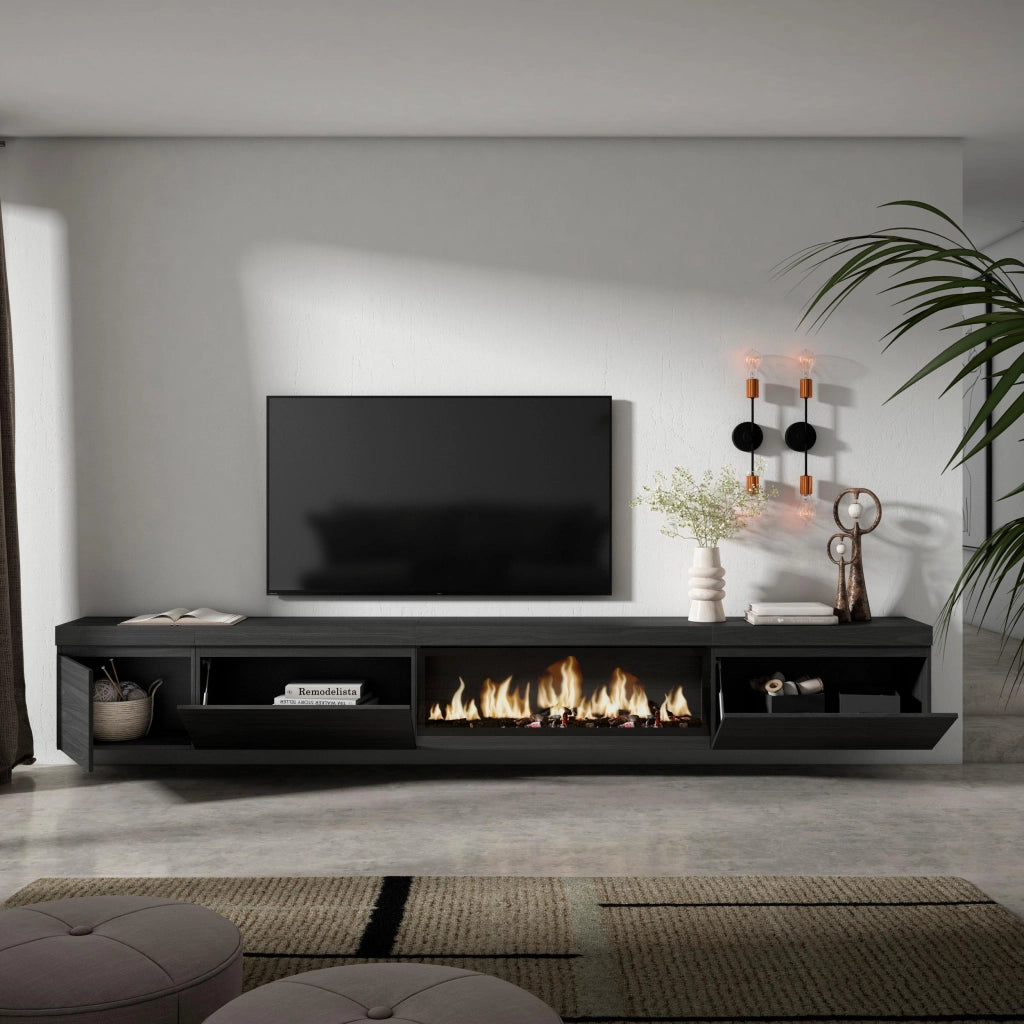 Mobile TV Soggiorno, 317x35x45cm, Camino elettrico XXL, da appendere, Nero RF3673