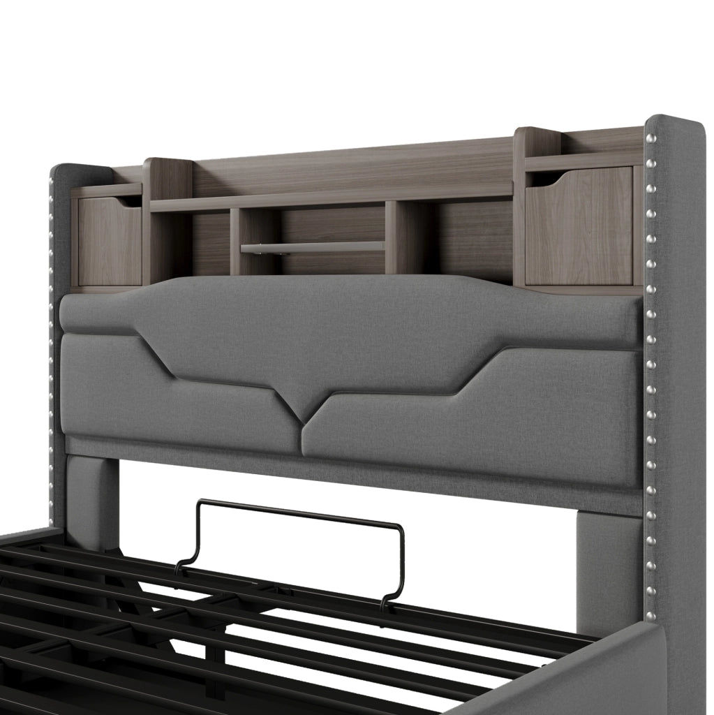 Letto imbottito con contenitore, illuminazione LED e presa di ricarica