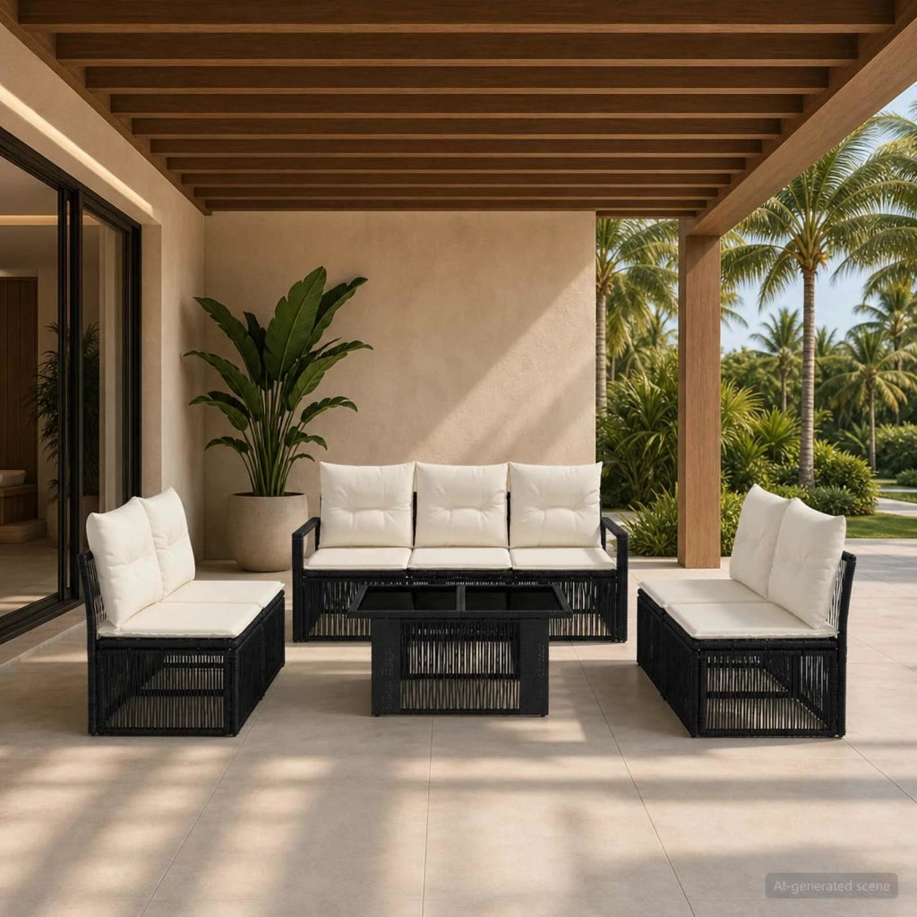 Set Divano da Giardino 8 pz Nero e Bianco Crema polyrattan 3437080