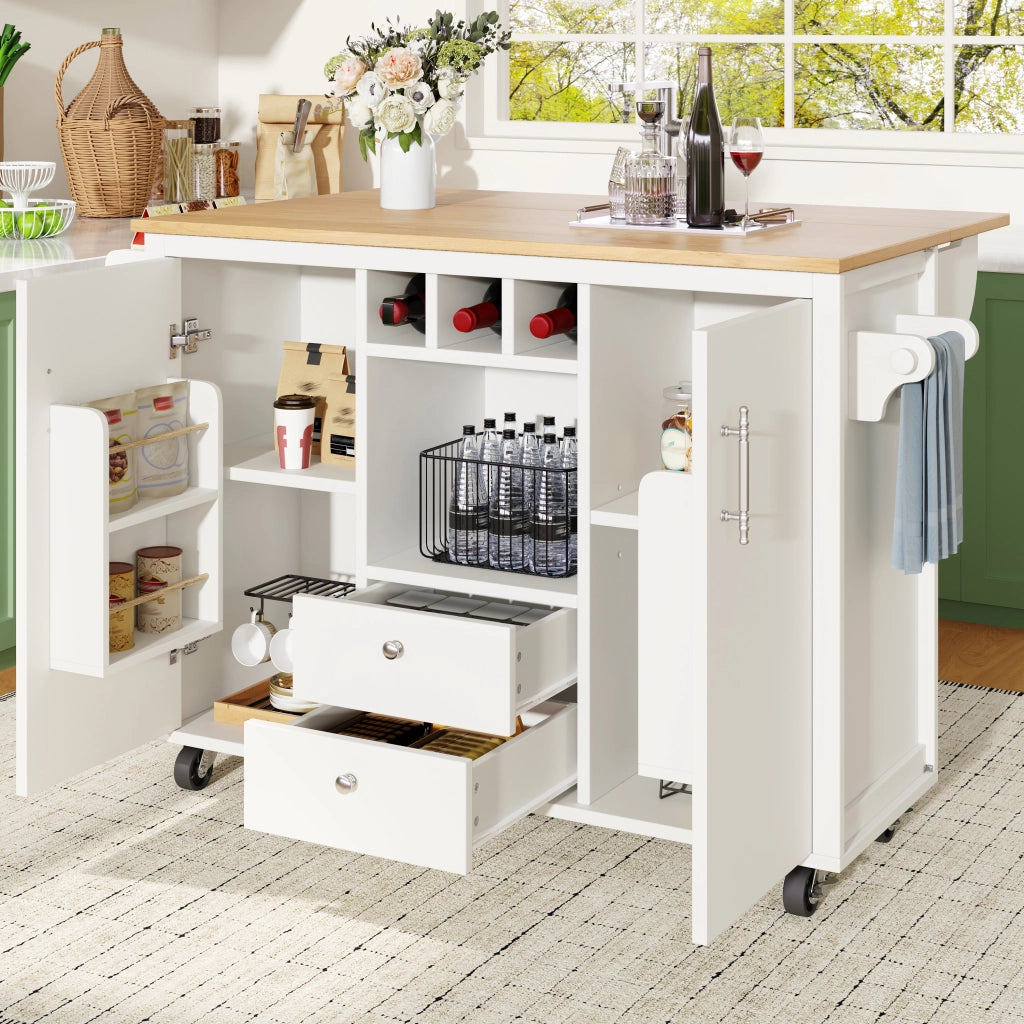 Isola cucina con piano ribaltabile 137,9 x 73 x 92,2 cm, 2 cassetti, ruote girevoli e vano portabottiglie, bianco