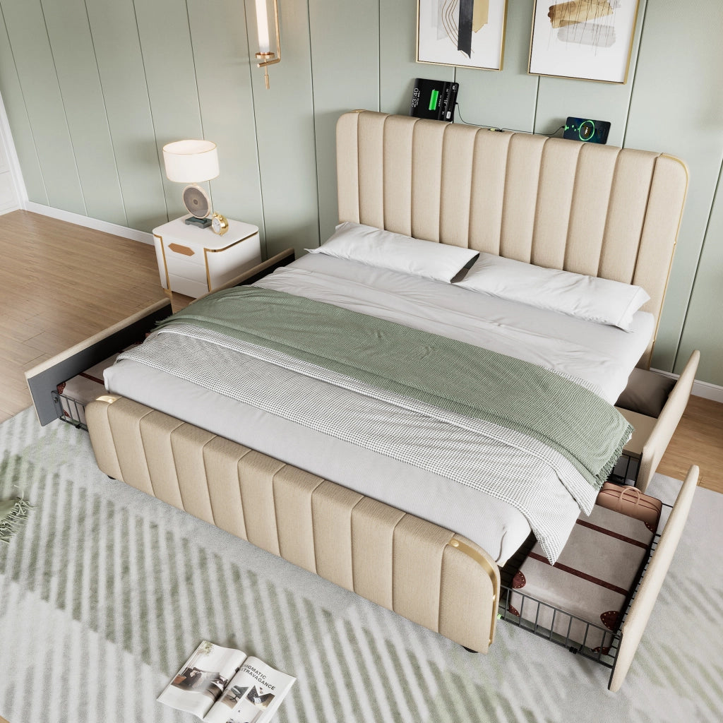 OKWISH Letto con Cassetti 180×200 cm, Letto Matrimoniale con 4 Cassetti, USB, Tipo C e Testiera Imbottita, senza Materasso, Beige