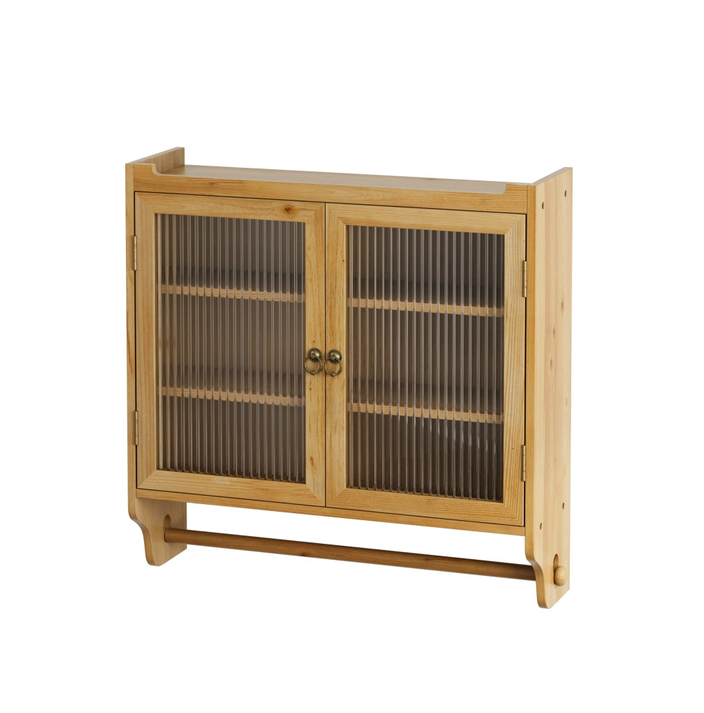 Pensile da parete vintage in legno e vetro, 63 cm naturale