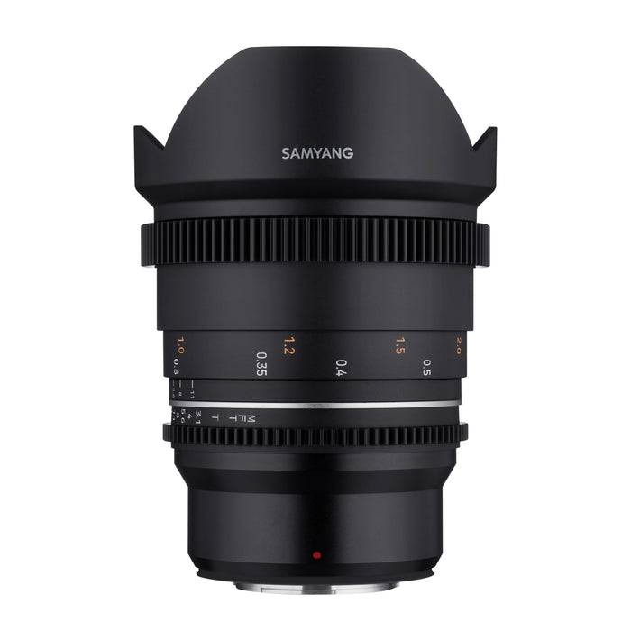 SAMYANG MF 14mm T3.1 VDSLR MK2 MFT - obiettivo ultragrandangolare veloce T3.1 per cine e video con innesto MFT, lunghezza focale fissa di 14 mm, cerchietti di messa a fuoco nero