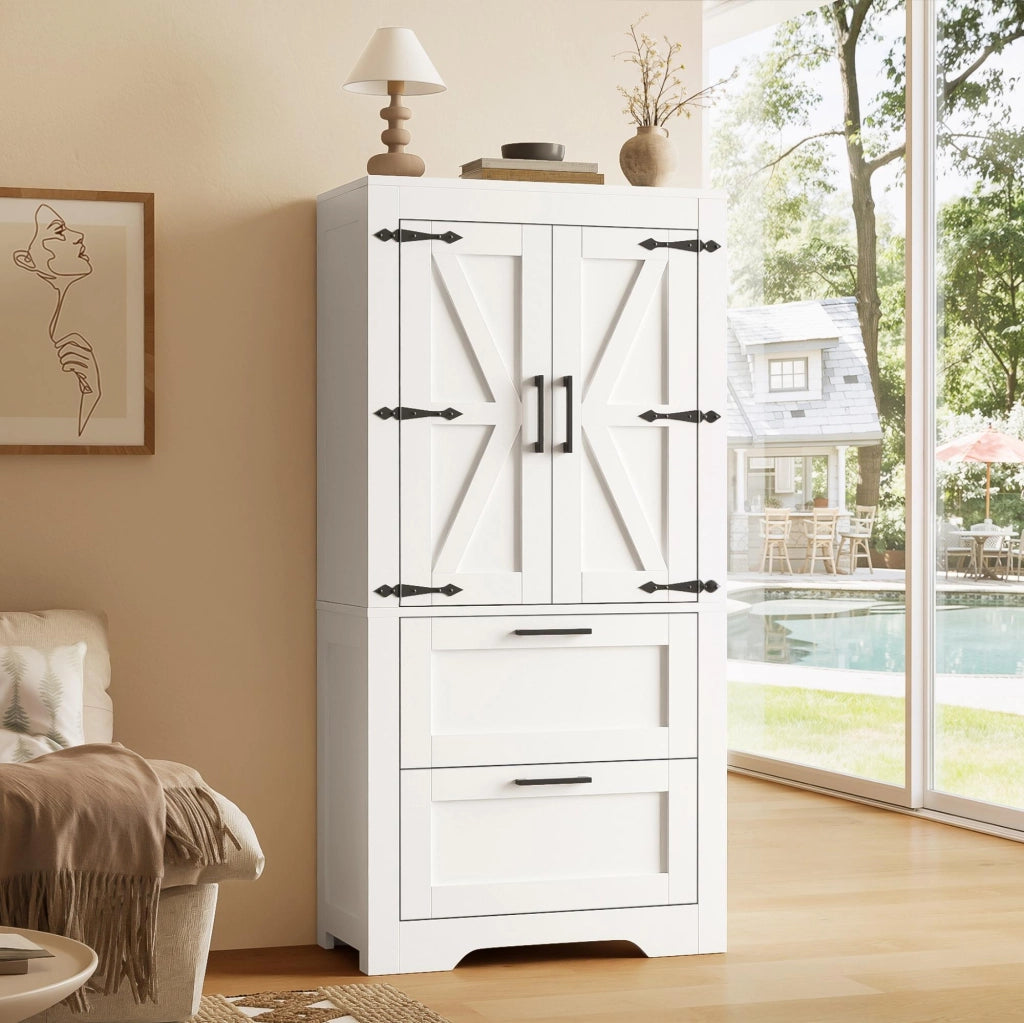 Mobile contenitore con 2 cassetti e ripiani regolabili, stile rustico, per cucina sala da pranzo e soggiorno, bianco