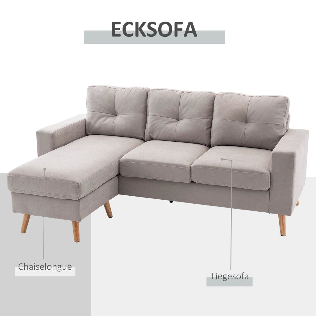 Divano angolare reversibile in tessuto con chaise longue, cuscini sfoderabili e struttura in legno, grigio chiaro