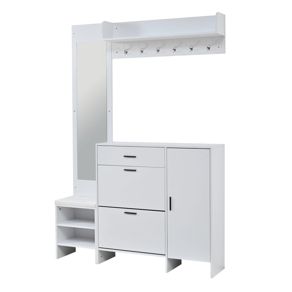 Mobile Ingresso con Scarpiera e Specchio Bianco 140x30x200cm Multifunzione
