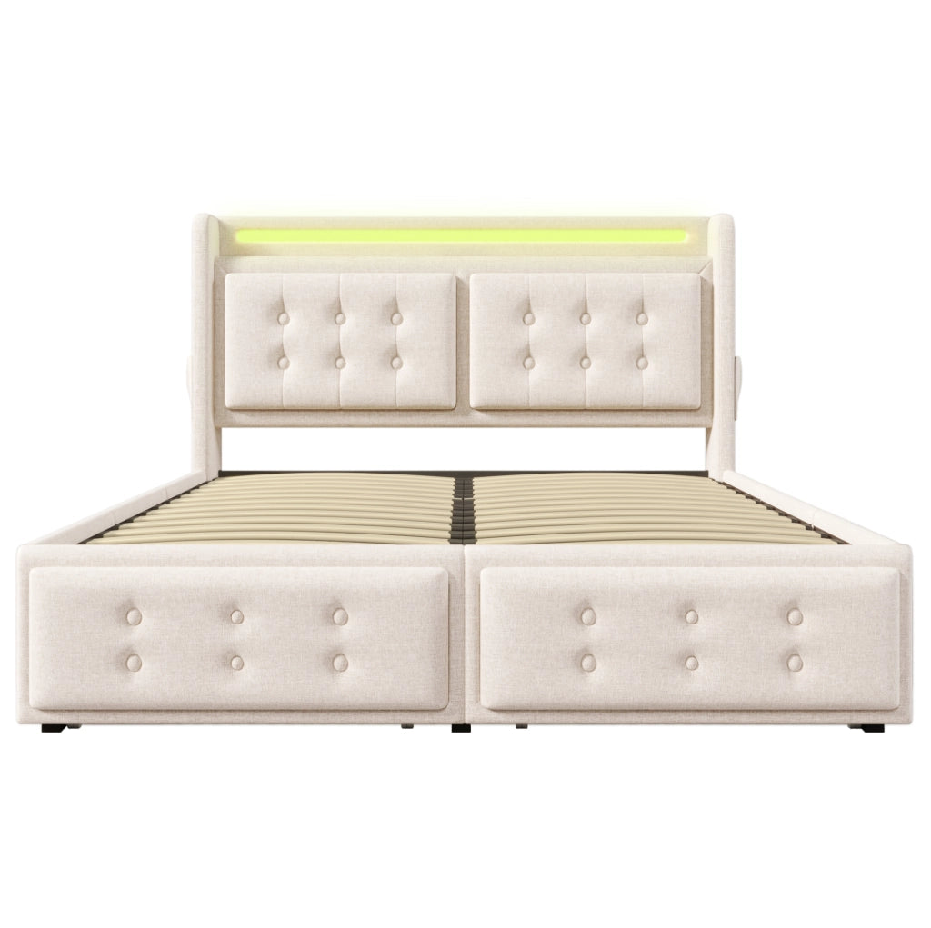 Letto matrimoniale 160x200 cm con LED; USB e USB-C; 4 cassetti; tessuto cotone-lino beige