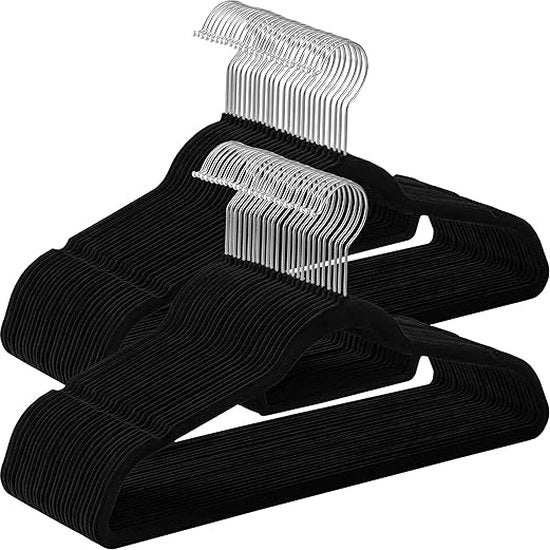 Kleehanger fluweel, antislip, 0,6 cm, 2 inkepingen, ruimte risparmia, 360 gradi girevole, nero, 50 pezzi