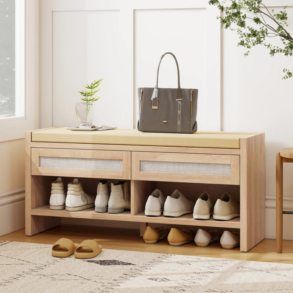 Panca con scarpiere ¨C zephmum ¨C 2 cassetti in rattan, ripiano aperto, imbottita in lino, quercia