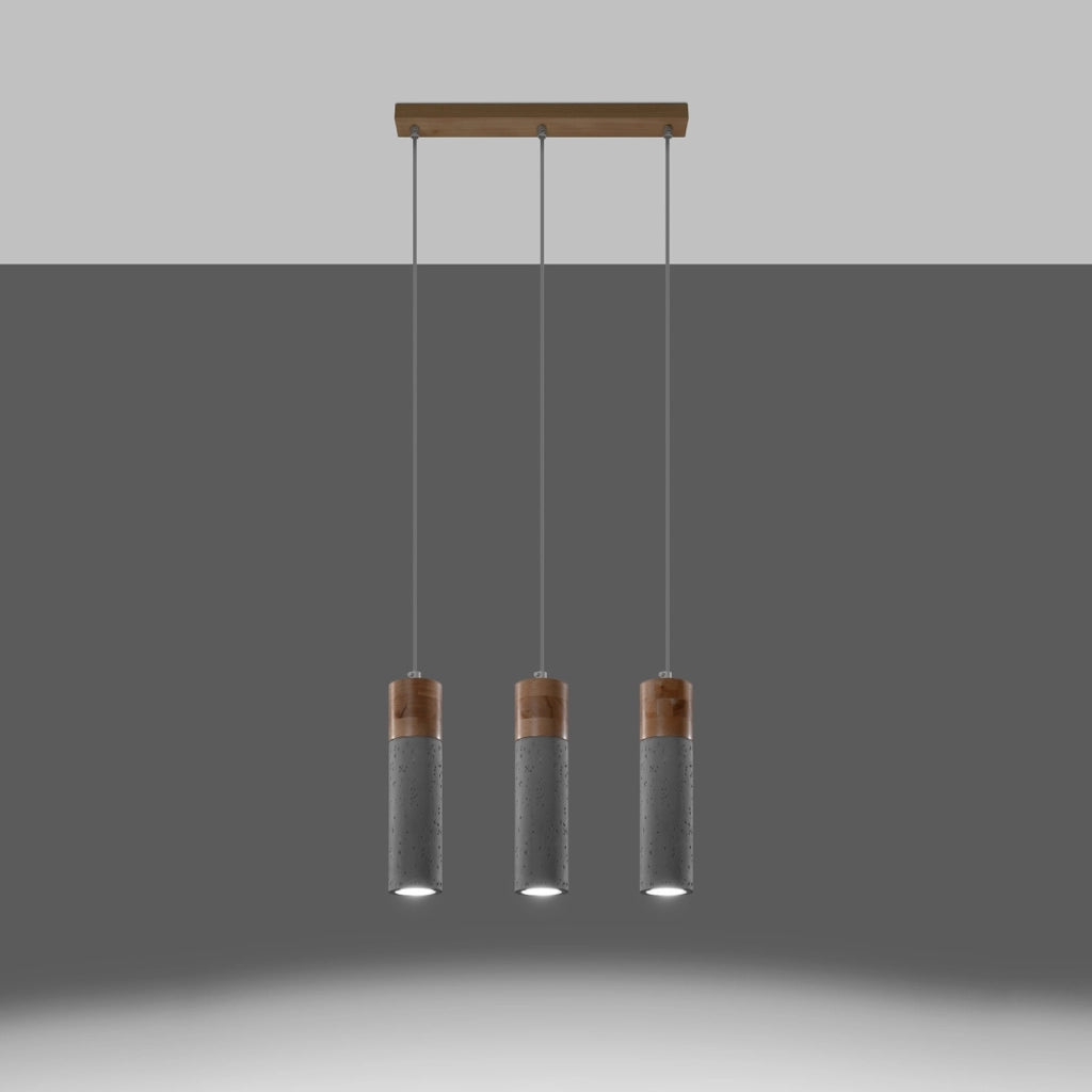 Lampada a sospensione industriale ZANE in cemento e legno a 3 luci 45x6x120 cm