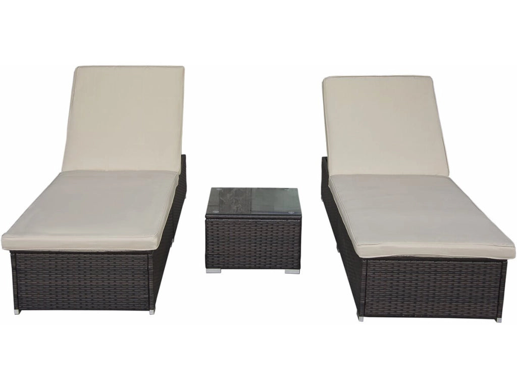 Set di 2 lettini in resina intrecciata "Alice" con cuscini e tavolino - Marrone