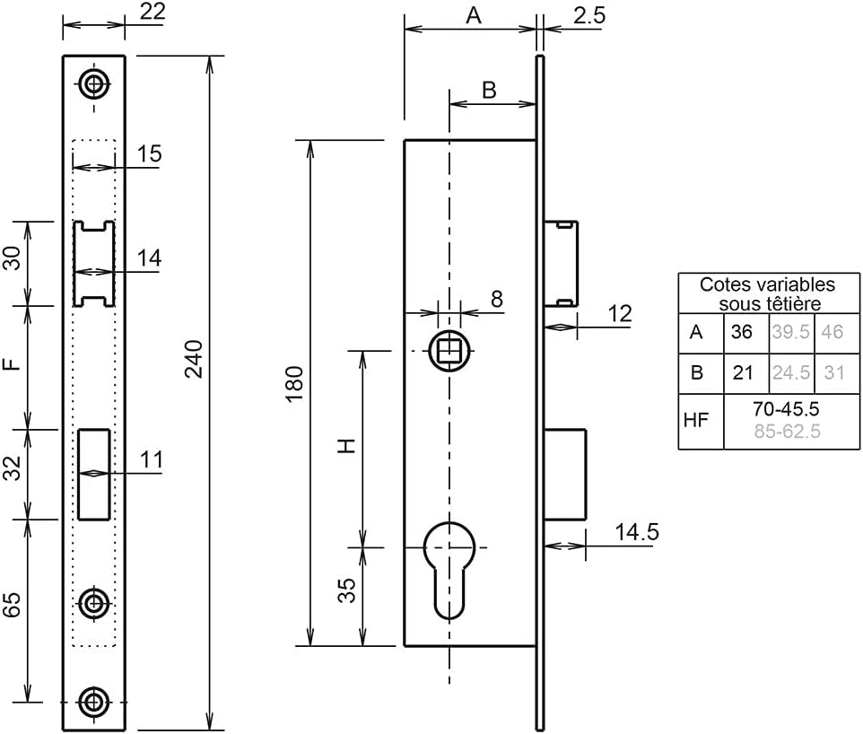 Serie 7/36 - Serratura a incasso reversibile con testa in acciaio inox baule 36 x 180 mm per porta in PVC o porta metallica