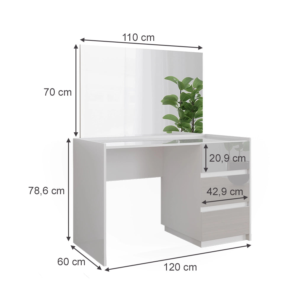 Vicco Tavolo da toilette Bianco lucido 120 cm con 3 cassetti e specchio